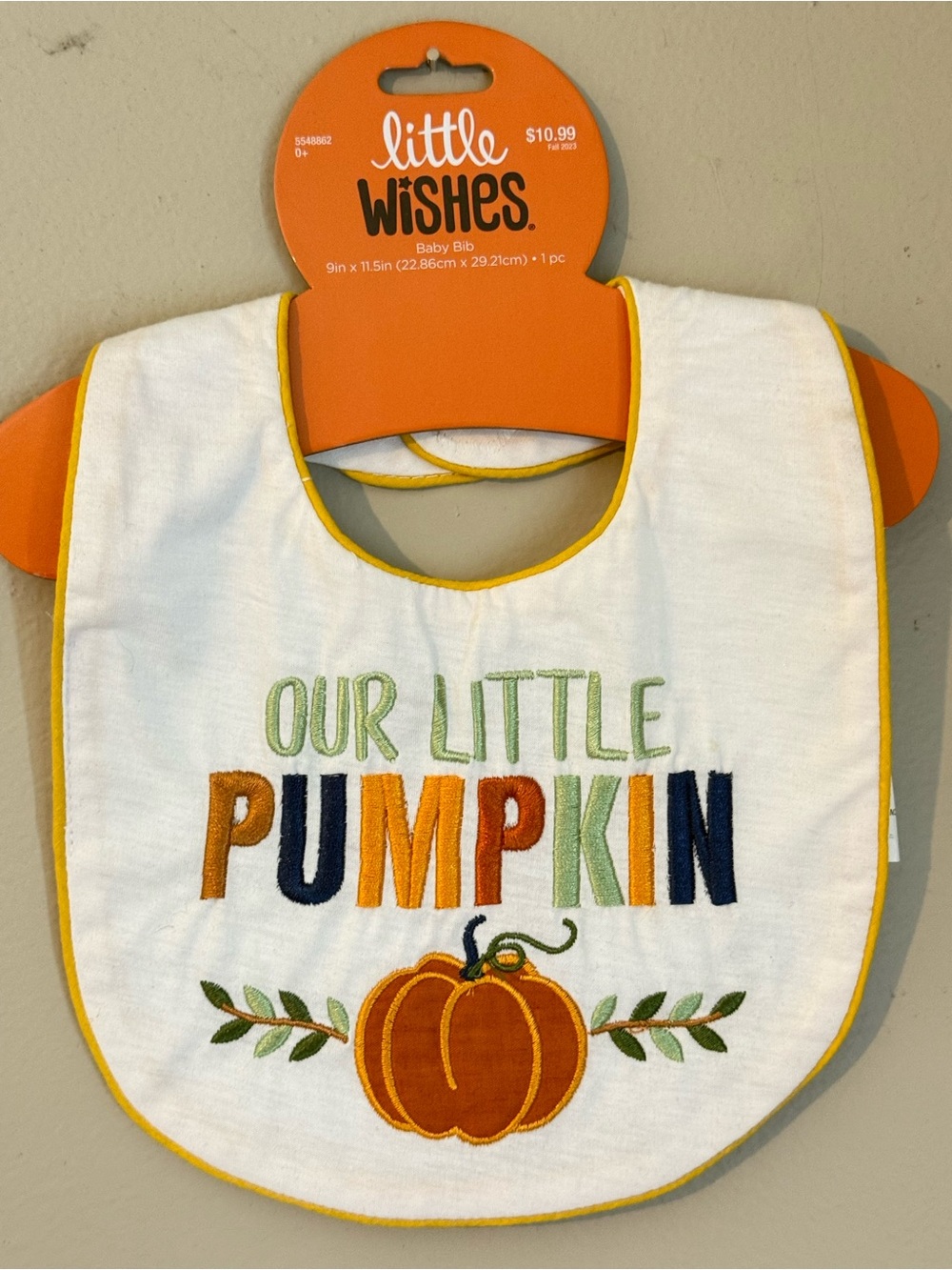 "Our Little Pumpkin" Baby Bib in White and Orange